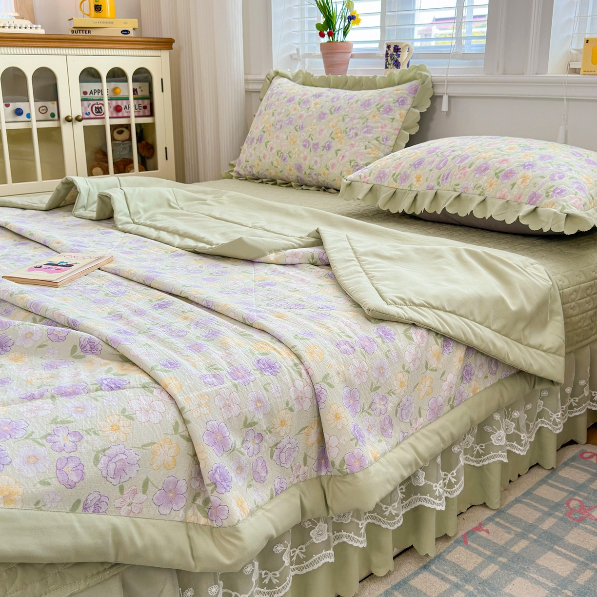 91家纺网 家纺一手货源 找家纺 雅眠居 2026新款直播爆款古法仿棉双层蕾丝花边床盖四件套 AB版-花海