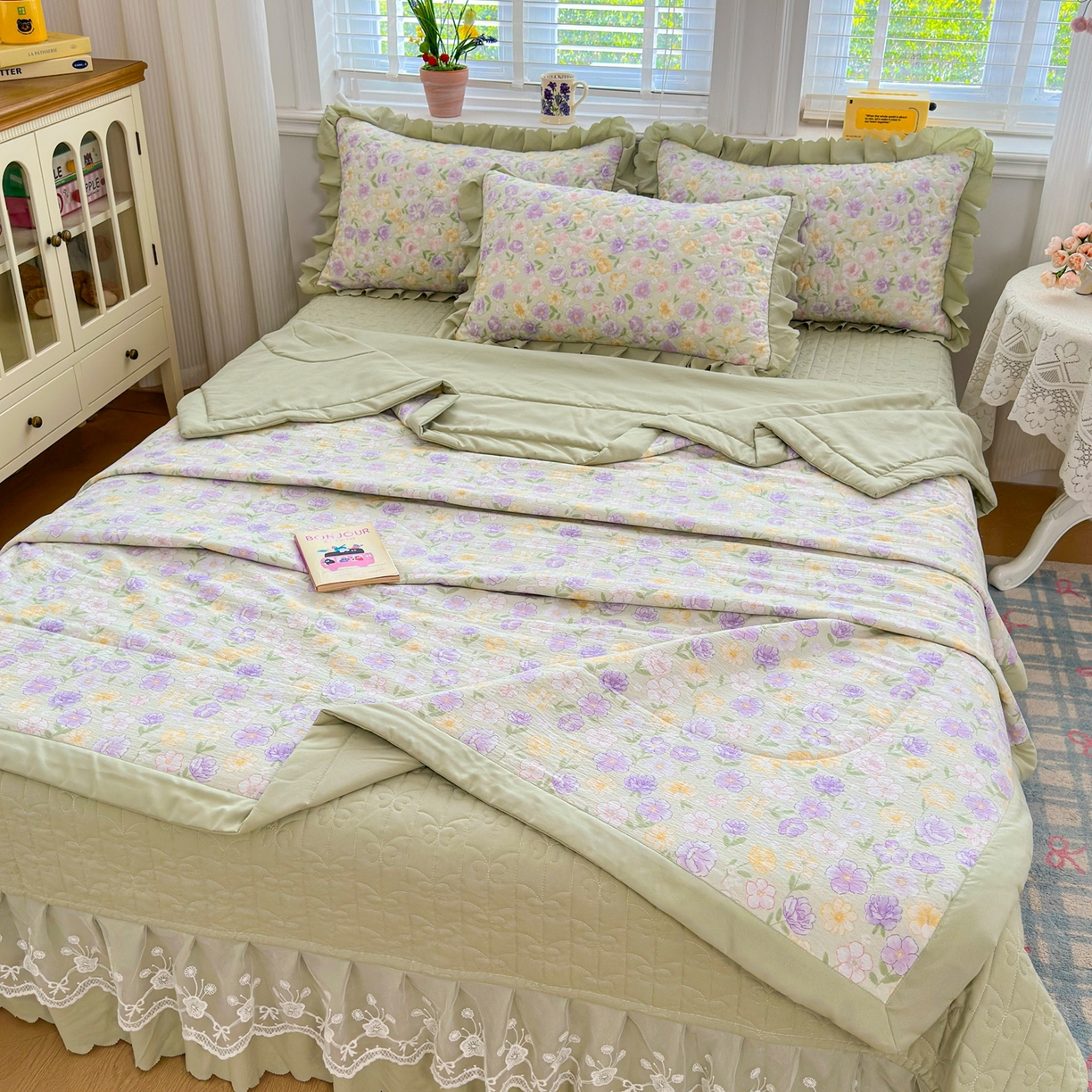 91家纺网 家纺一手货源 找家纺 雅眠居 2026新款直播爆款古法仿棉双层蕾丝花边床盖四件套 AB版-花海