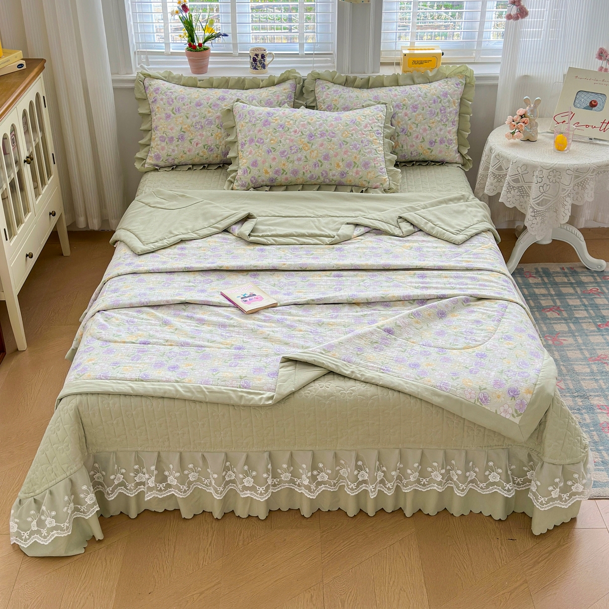 91家纺网 家纺一手货源 找家纺 雅眠居 2026新款直播爆款古法仿棉双层蕾丝花边床盖四件套 AB版-花海