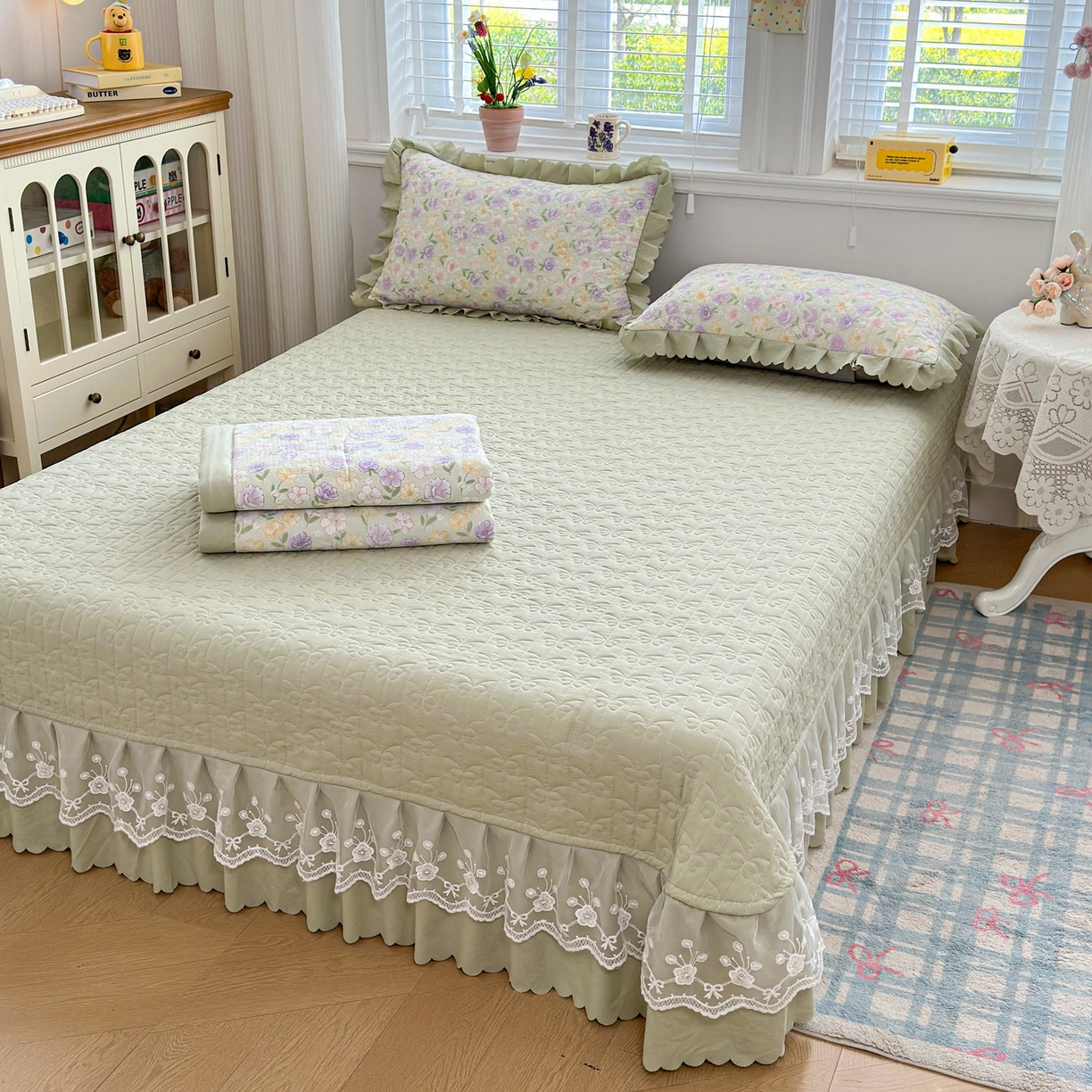 91家纺网 家纺一手货源 找家纺 雅眠居 2026新款直播爆款古法仿棉双层蕾丝花边床盖四件套 AB版-花海