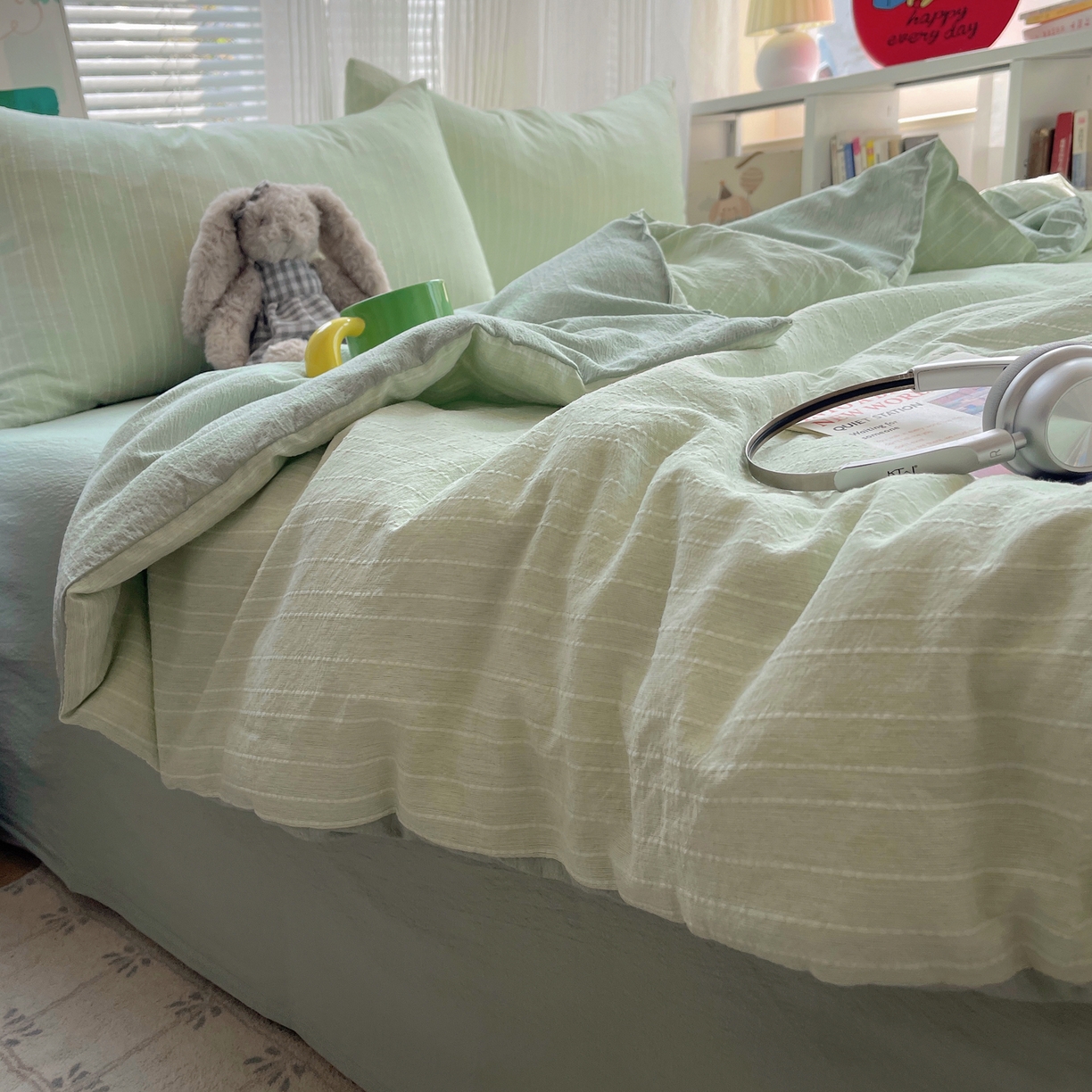 91家纺网 家纺一手货源 找家纺 栩裕纺织 2026新款高克重无印风阳离子提花单夏被-夏被三件套四件套 夏被-绿影