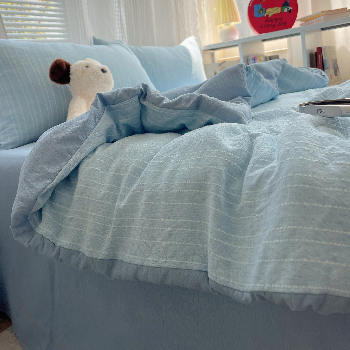 栩裕纺织 2026新款高克重无印风阳离子提花单夏被-夏被三件套四件套 夏被-湖蓝