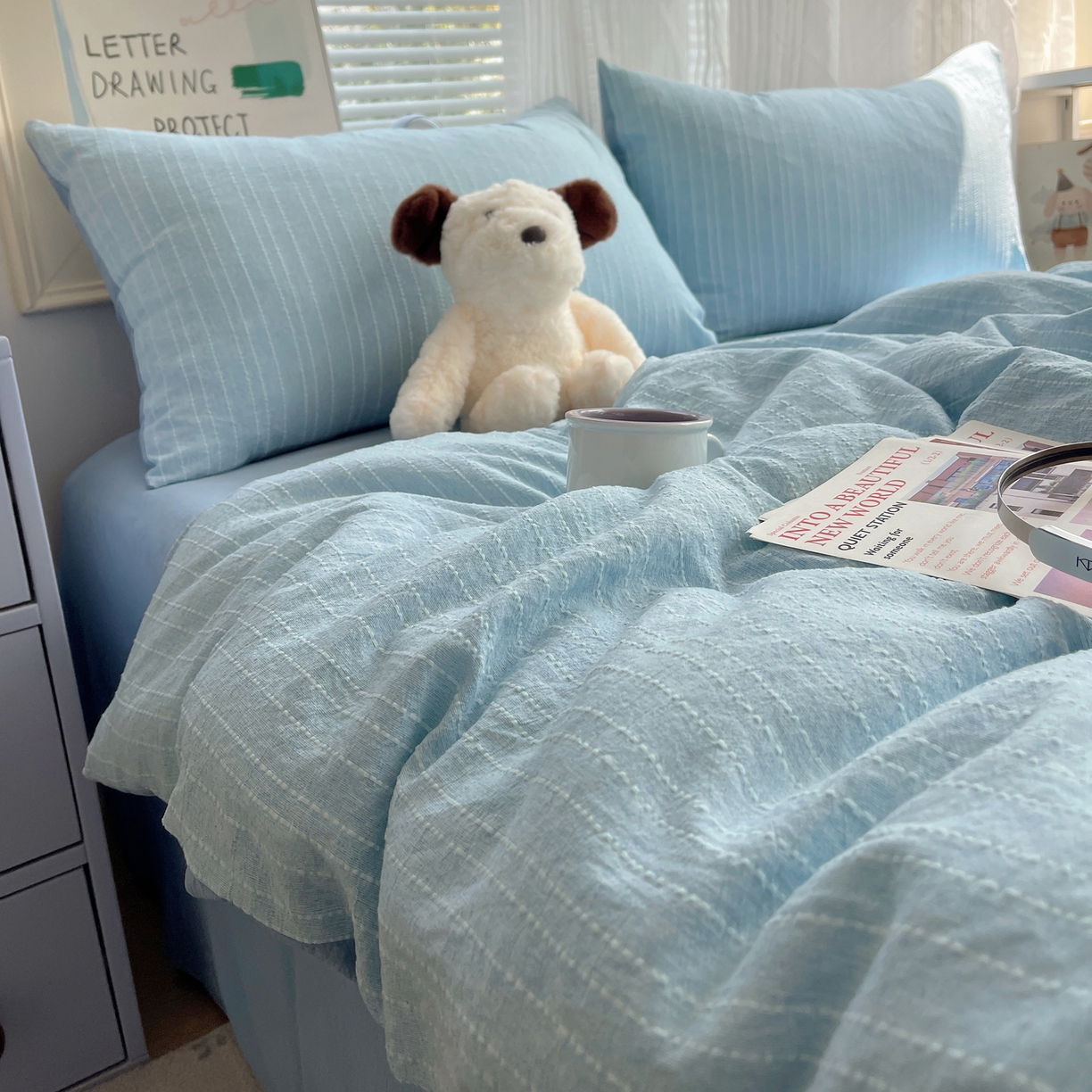 91家纺网 家纺一手货源 找家纺 栩裕纺织 2026新款高克重无印风阳离子提花单夏被-夏被三件套四件套 夏被-湖蓝