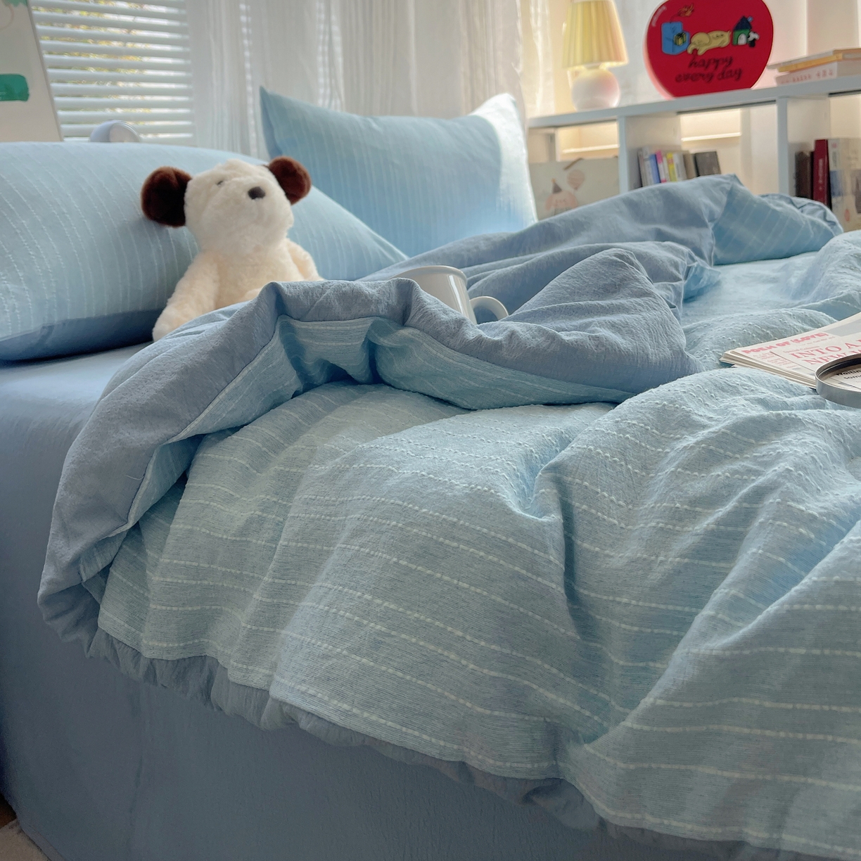 91家纺网 家纺一手货源 找家纺 栩裕纺织 2026新款高克重无印风阳离子提花单夏被-夏被三件套四件套 夏被-湖蓝