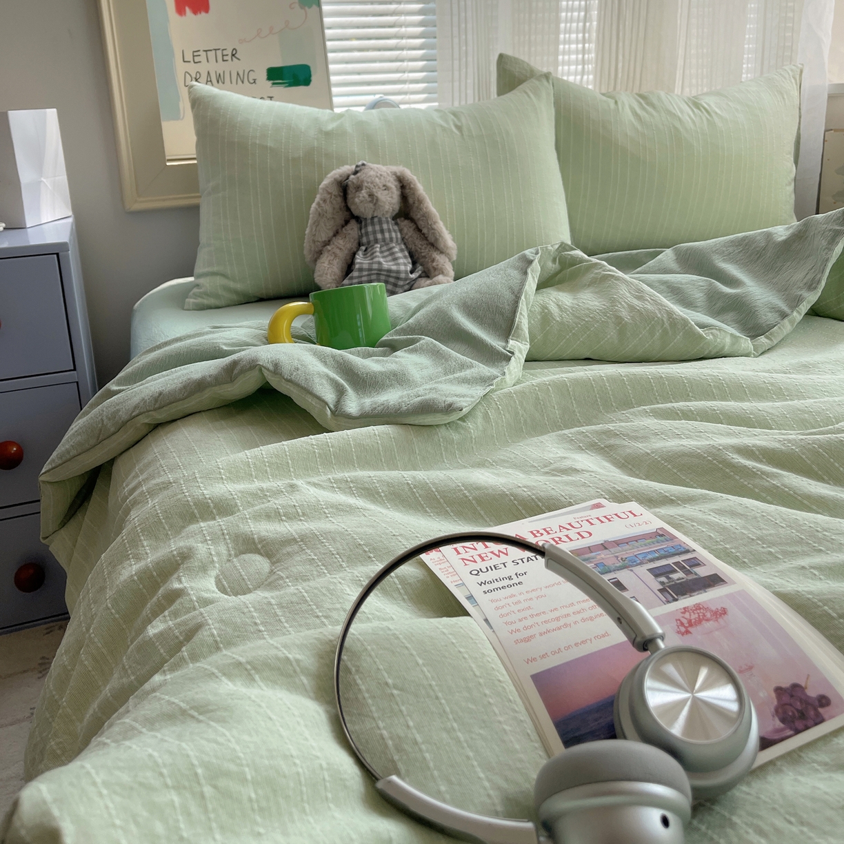 91家纺网 家纺一手货源 找家纺 栩裕纺织 2026新款高克重无印风阳离子提花单夏被-夏被三件套四件套 夏被-绿影