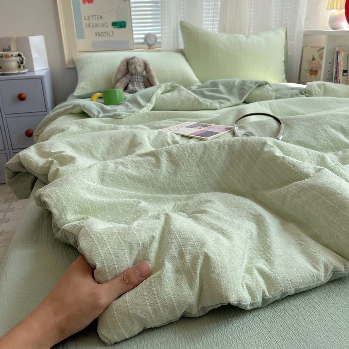 91家纺网 家纺一手货源 找家纺 栩裕纺织 2026新款高克重无印风阳离子提花单夏被-夏被三件套四件套 夏被-绿影