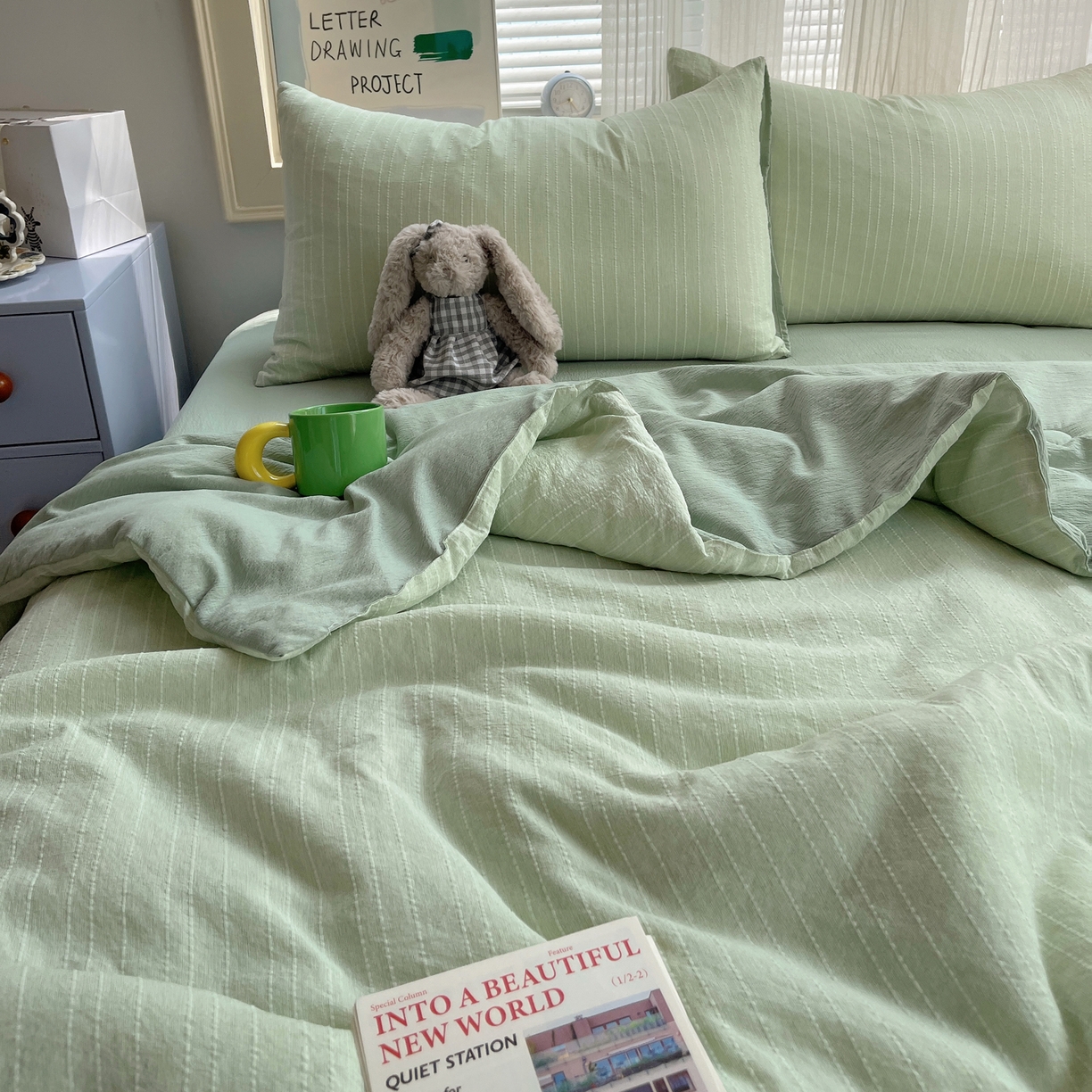 91家纺网 家纺一手货源 找家纺 栩裕纺织 2026新款高克重无印风阳离子提花单夏被-夏被三件套四件套 夏被-绿影