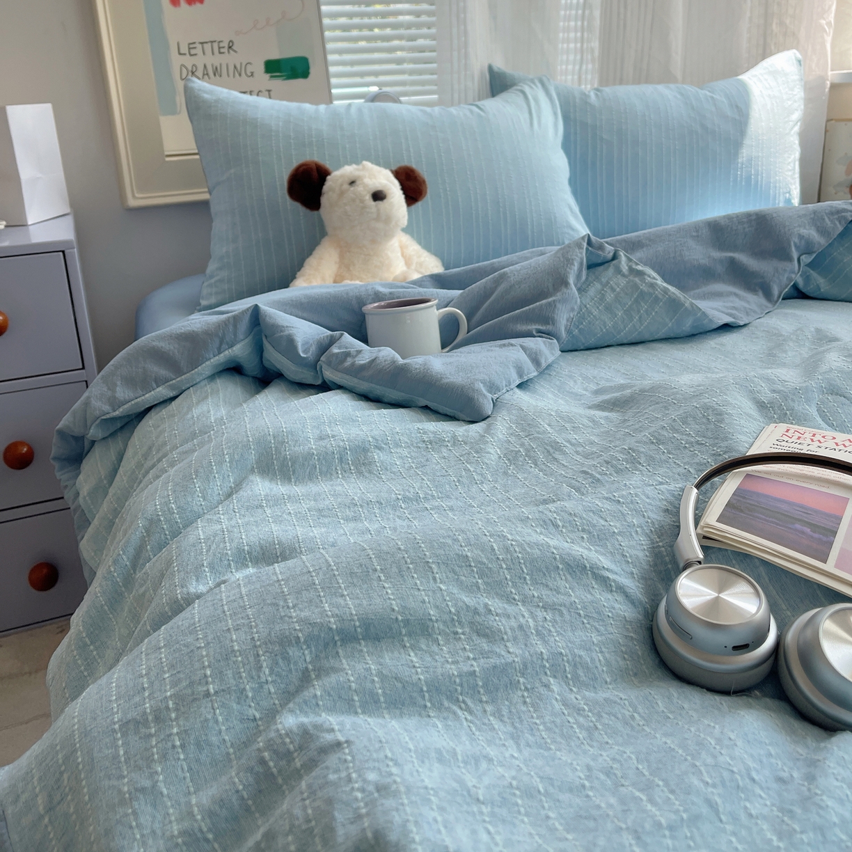 91家纺网 家纺一手货源 找家纺 栩裕纺织 2026新款高克重无印风阳离子提花单夏被-夏被三件套四件套 夏被-湖蓝