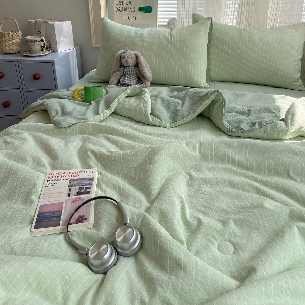 91家纺网 家纺一手货源 找家纺 栩裕纺织 2026新款高克重无印风阳离子提花单夏被-夏被三件套四件套 夏被-绿影