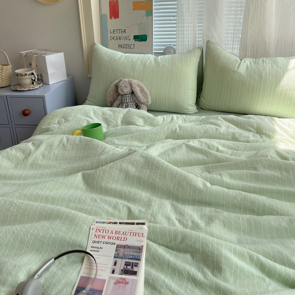 91家纺网 家纺一手货源 找家纺 栩裕纺织 2026新款高克重无印风阳离子提花单夏被-夏被三件套四件套 夏被-绿影