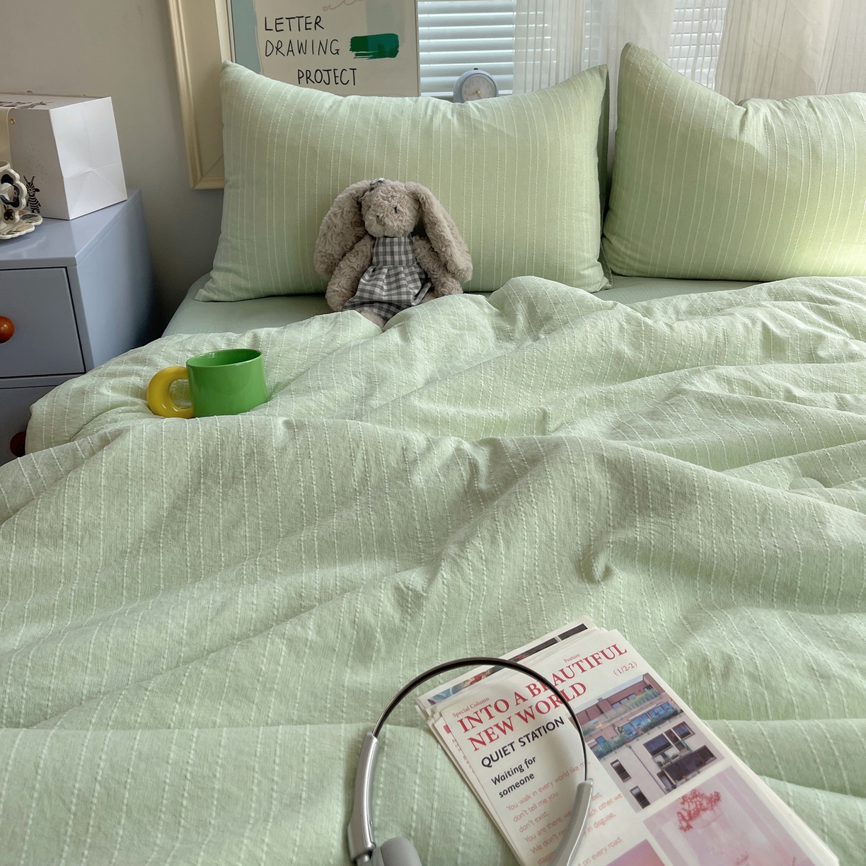 91家纺网 家纺一手货源 找家纺 栩裕纺织 2026新款高克重无印风阳离子提花单夏被-夏被三件套四件套 夏被-绿影