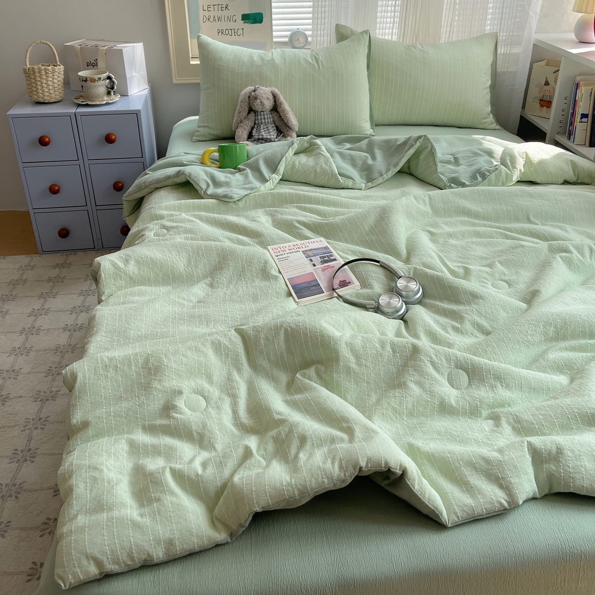 91家纺网 家纺一手货源 找家纺 栩裕纺织 2026新款高克重无印风阳离子提花单夏被-夏被三件套四件套 夏被-绿影