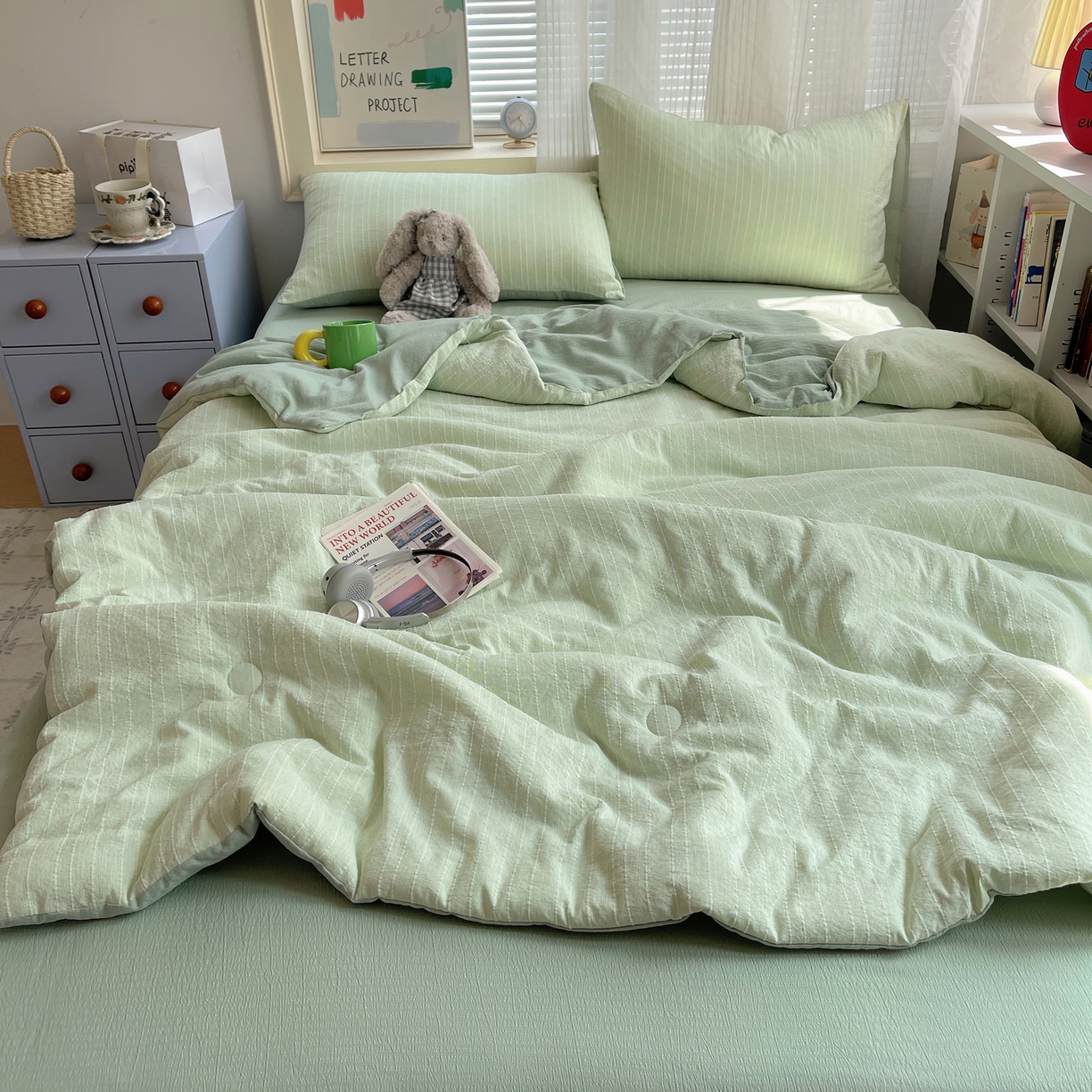 91家纺网 家纺一手货源 找家纺 栩裕纺织 2026新款高克重无印风阳离子提花单夏被-夏被三件套四件套 夏被-绿影