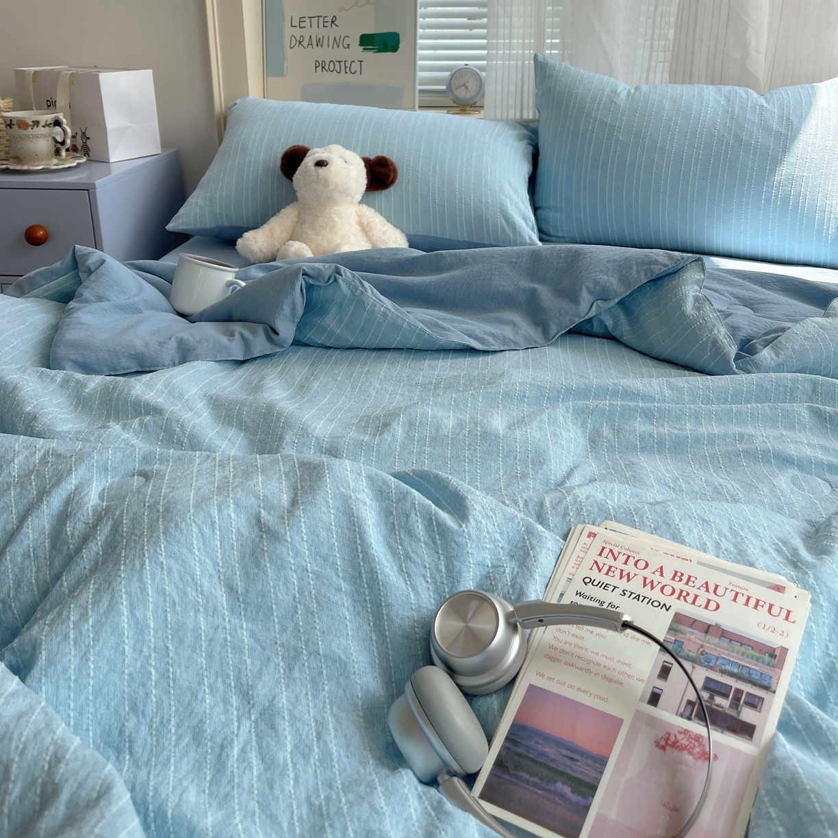 91家纺网 家纺一手货源 找家纺 栩裕纺织 2026新款高克重无印风阳离子提花单夏被-夏被三件套四件套 夏被-湖蓝