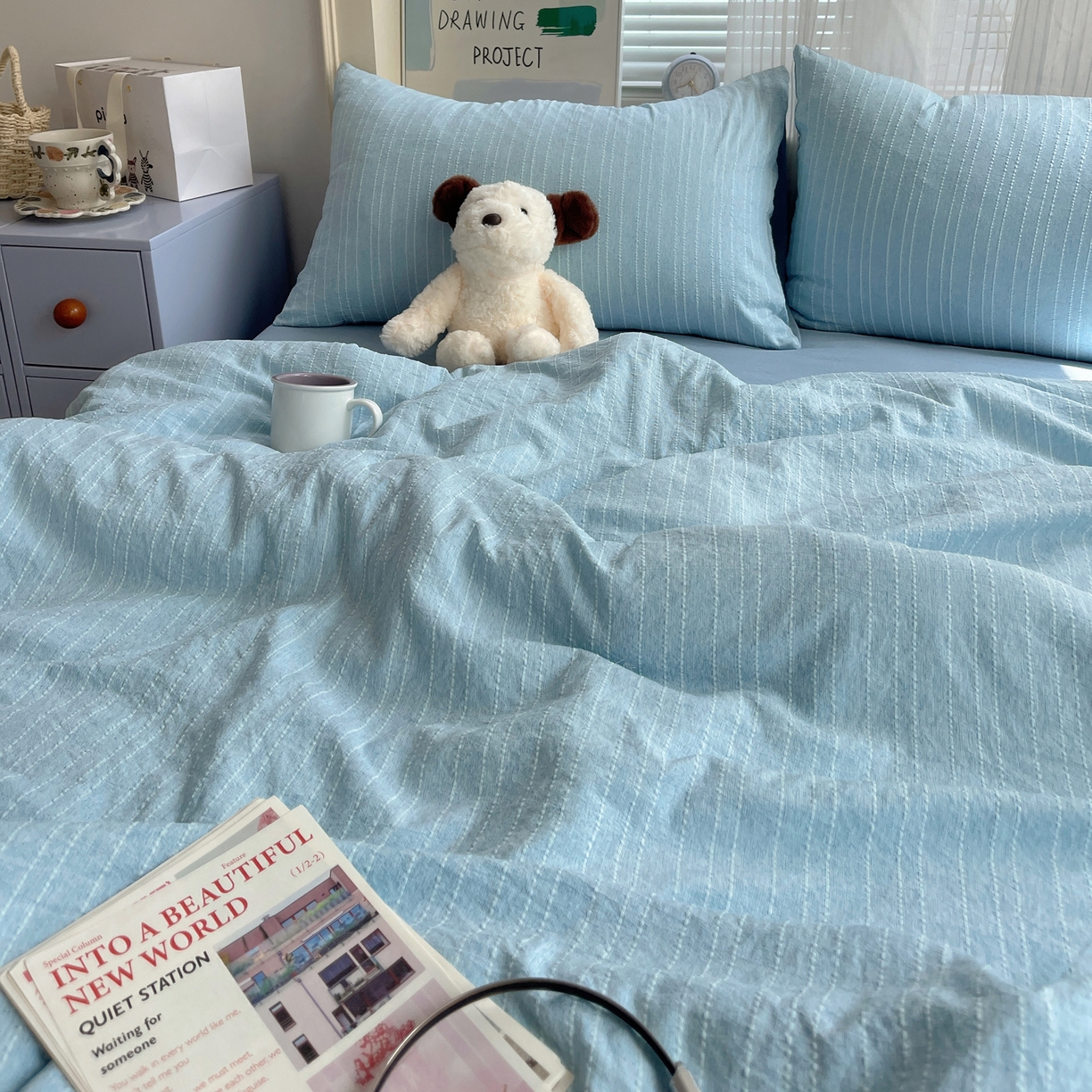 91家纺网 家纺一手货源 找家纺 栩裕纺织 2026新款高克重无印风阳离子提花单夏被-夏被三件套四件套 夏被-湖蓝