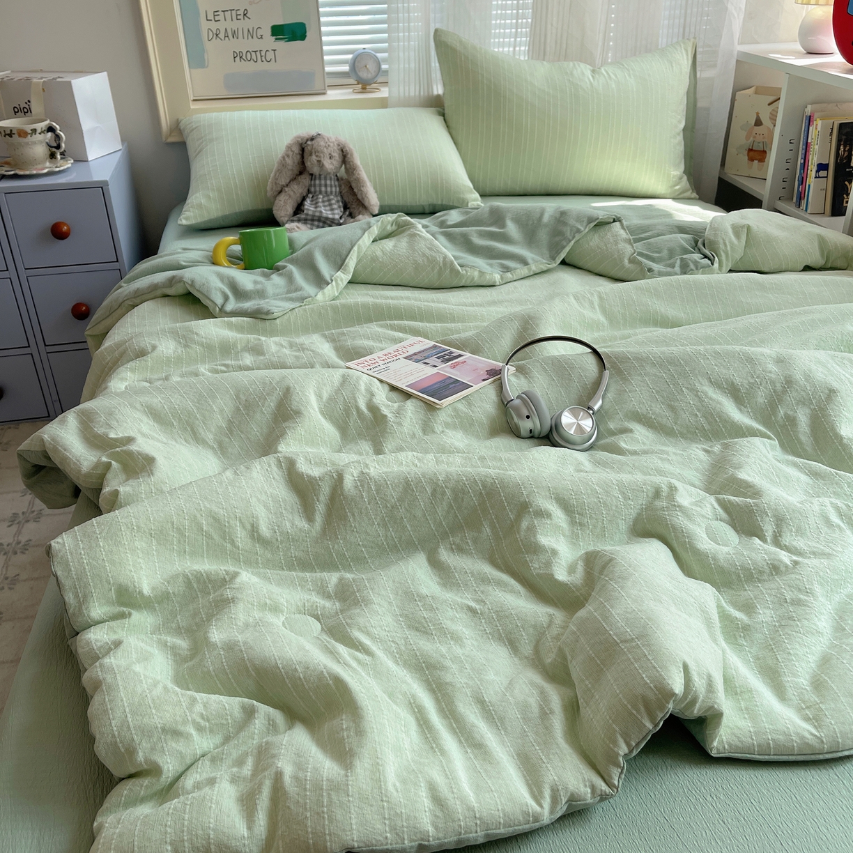 91家纺网 家纺一手货源 找家纺 栩裕纺织 2026新款高克重无印风阳离子提花单夏被-夏被三件套四件套 夏被-绿影