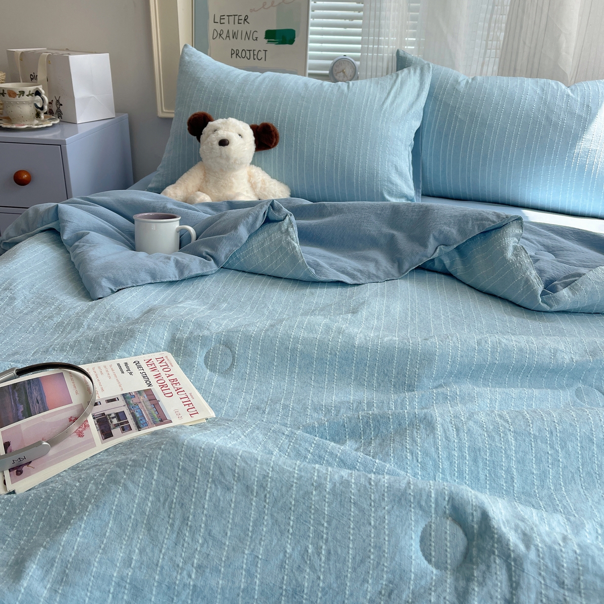 91家纺网 家纺一手货源 找家纺 栩裕纺织 2026新款高克重无印风阳离子提花单夏被-夏被三件套四件套 夏被-湖蓝