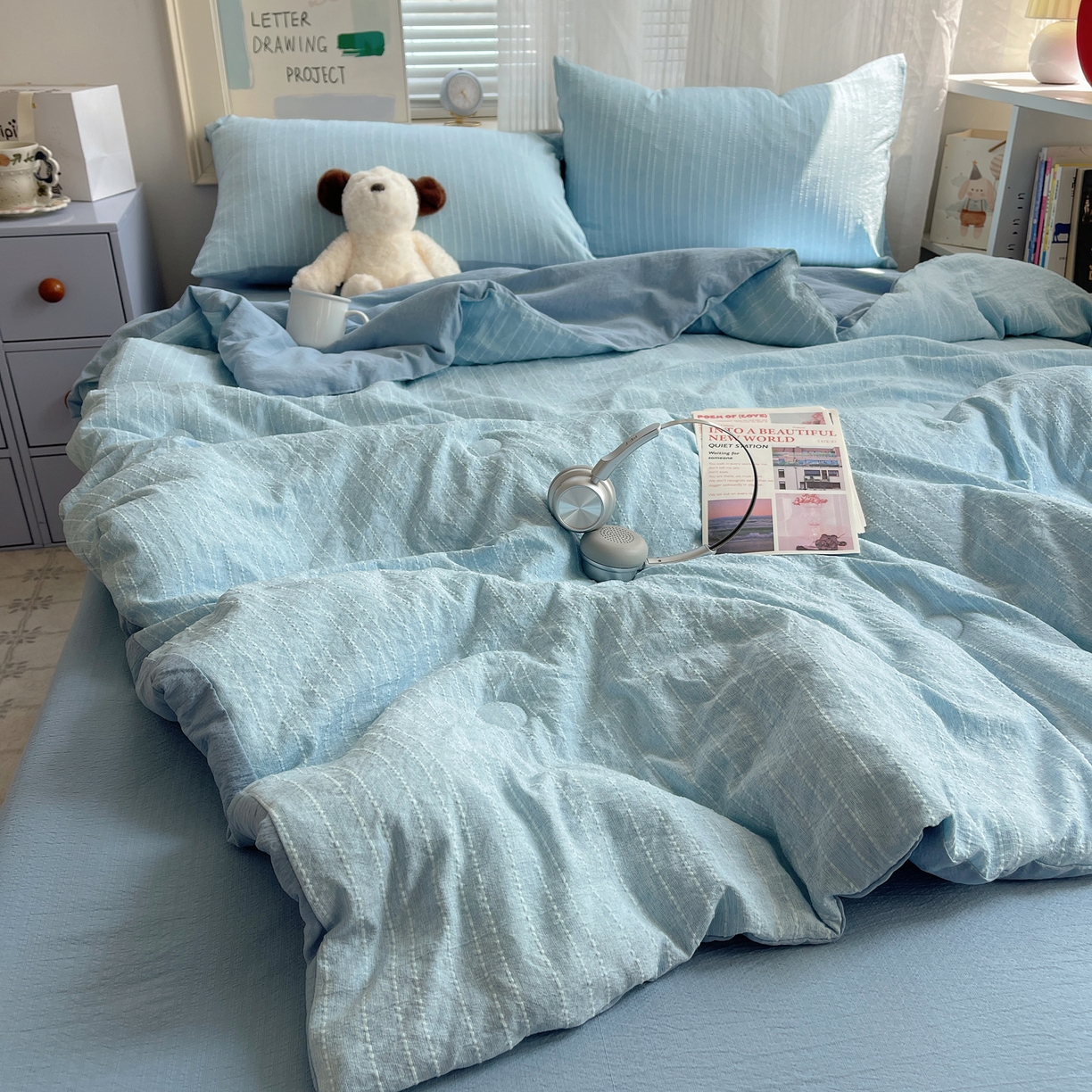 91家纺网 家纺一手货源 找家纺 栩裕纺织 2026新款高克重无印风阳离子提花单夏被-夏被三件套四件套 夏被-湖蓝