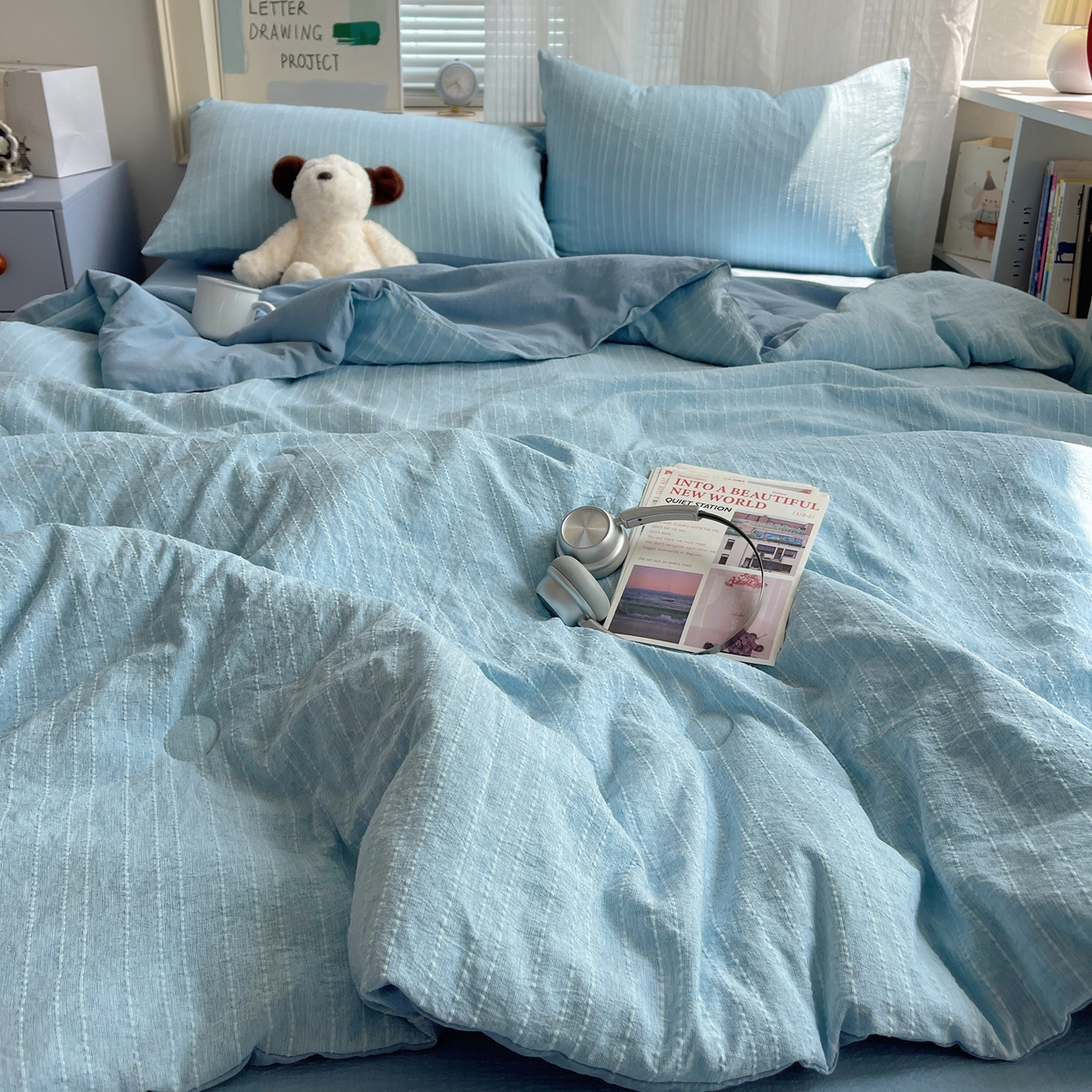 91家纺网 家纺一手货源 找家纺 栩裕纺织 2026新款高克重无印风阳离子提花单夏被-夏被三件套四件套 夏被-湖蓝