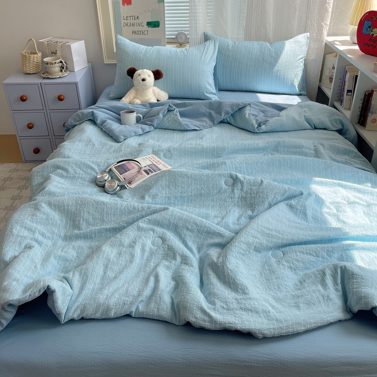 91家纺网 家纺一手货源 找家纺 栩裕纺织 2026新款高克重无印风阳离子提花单夏被-夏被三件套四件套 夏被-湖蓝