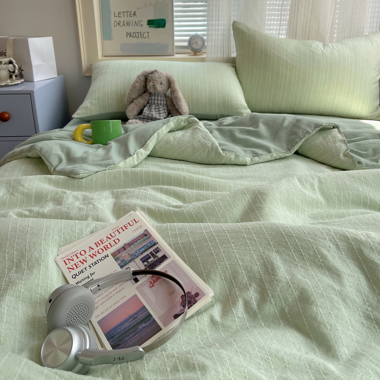 91家纺网 家纺一手货源 找家纺 栩裕纺织 2026新款高克重无印风阳离子提花单夏被-夏被三件套四件套 夏被-绿影