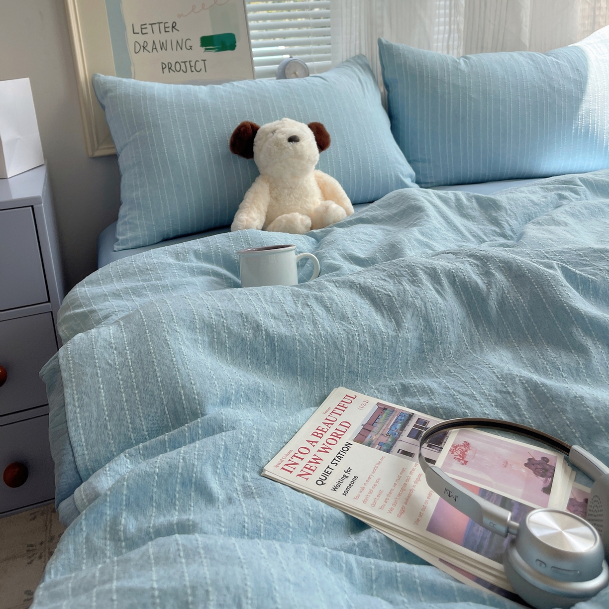 91家纺网 家纺一手货源 找家纺 栩裕纺织 2026新款高克重无印风阳离子提花单夏被-夏被三件套四件套 夏被-湖蓝