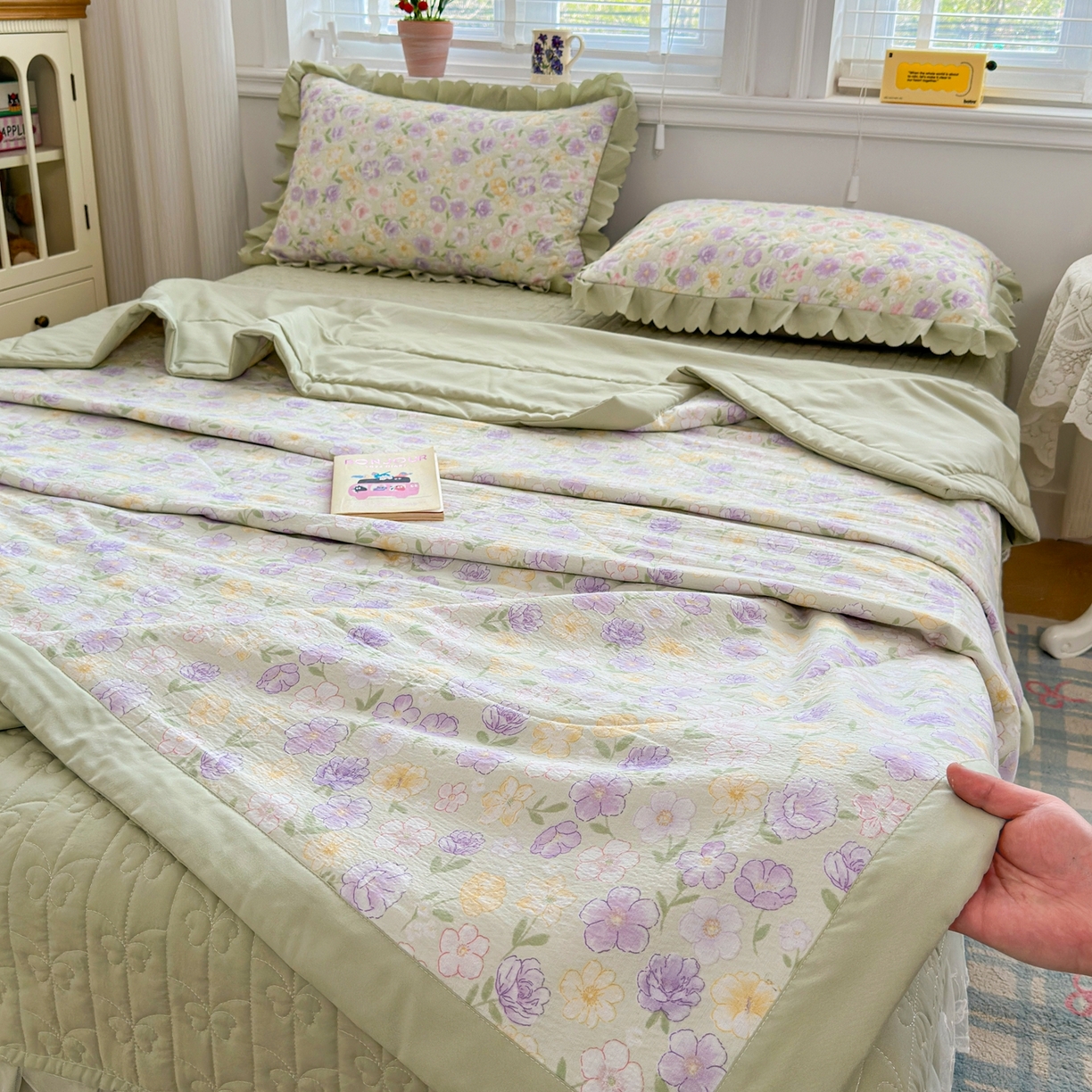 91家纺网 家纺一手货源 找家纺 雅眠居 2026新款直播爆款古法仿棉双层蕾丝花边床盖四件套 AB版-花海