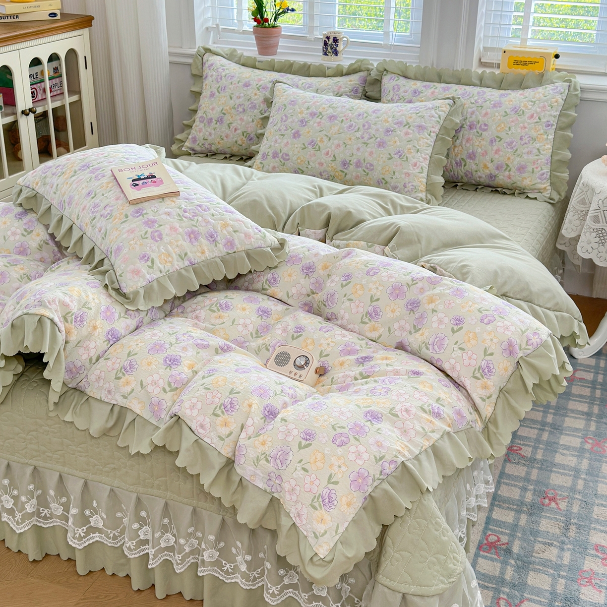 雅眠居 2026新款直播爆款古法仿棉双层蕾丝花边床盖四件套 AB版-花海
