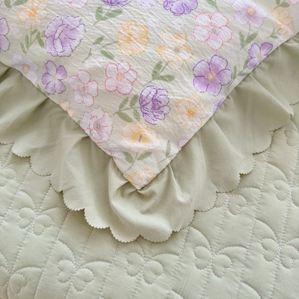 91家纺网 家纺一手货源 找家纺 雅眠居 2026新款直播爆款古法仿棉双层蕾丝花边床盖四件套 AB版-花海