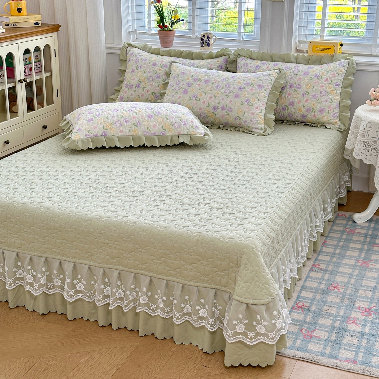 91家纺网 家纺一手货源 找家纺 雅眠居 2026新款直播爆款古法仿棉双层蕾丝花边床盖四件套 AB版-花海