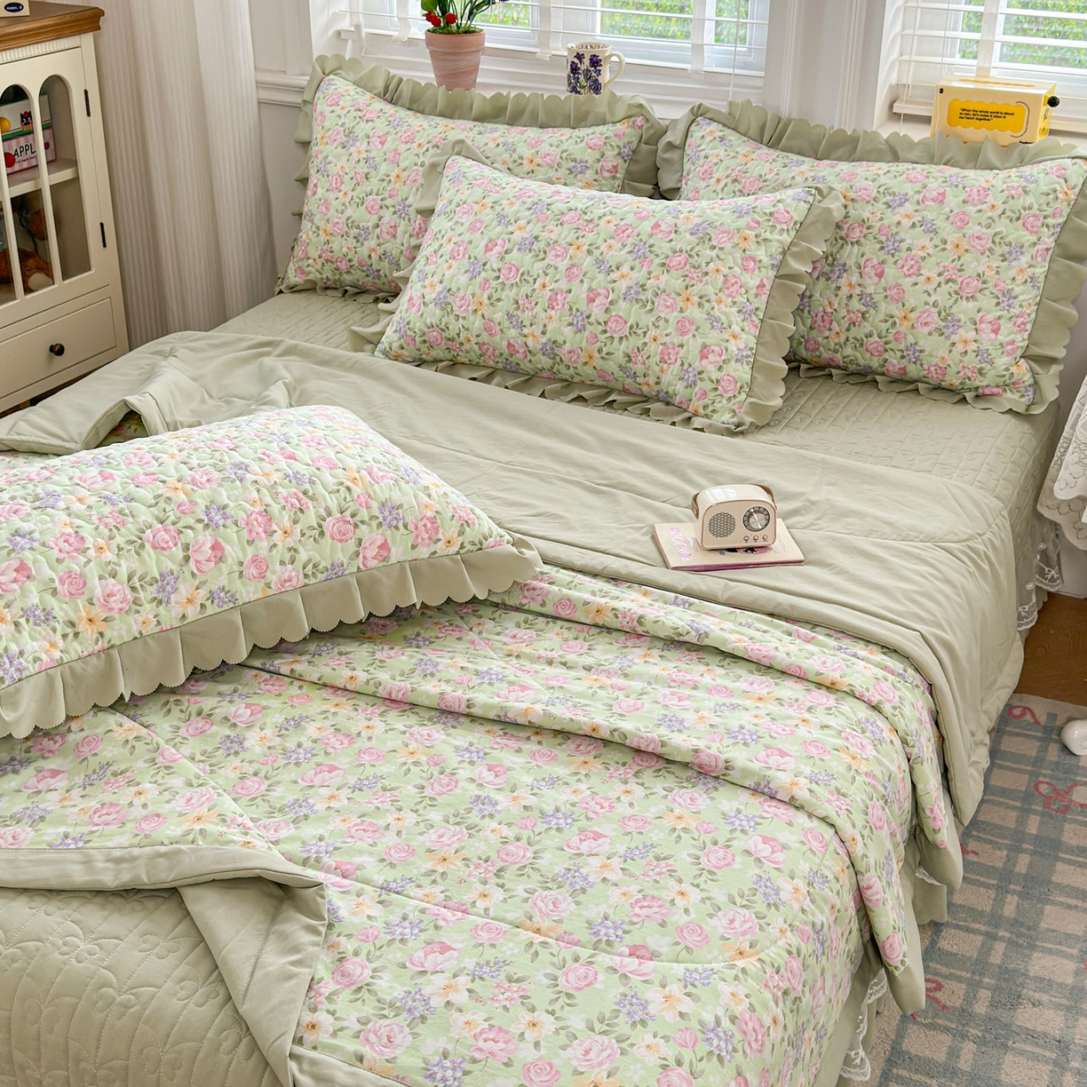 91家纺网 家纺一手货源 找家纺 雅眠居 2026新款直播爆款古法仿棉双层蕾丝花边床盖四件套 AB版-花满满