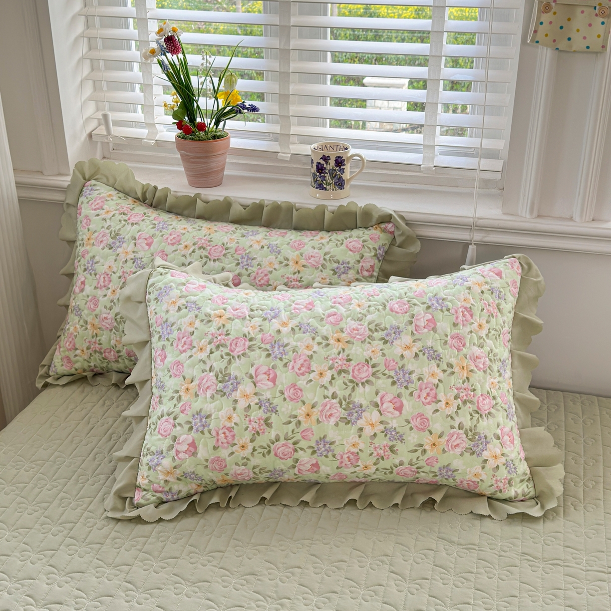 91家纺网 家纺一手货源 找家纺 雅眠居 2026新款直播爆款古法仿棉双层蕾丝花边床盖四件套 AB版-花满满