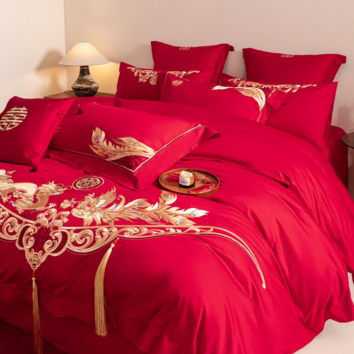 91家纺网 家纺一手货源 找家纺 东方合美（原：皇家传奇） 2026新款纯棉长绒棉刺绣婚庆四件套-龙凤系列 龙凤有囍