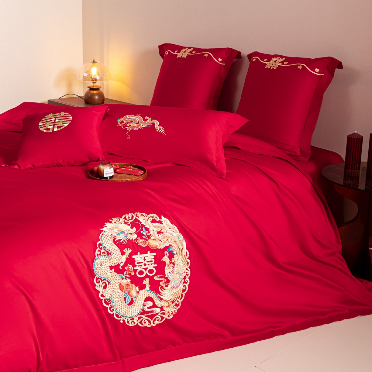 91家纺网 家纺一手货源 找家纺 东方合美（原：皇家传奇） 2026新款纯棉长绒棉刺绣婚庆四件套-龙凤系列 龙凤圆满