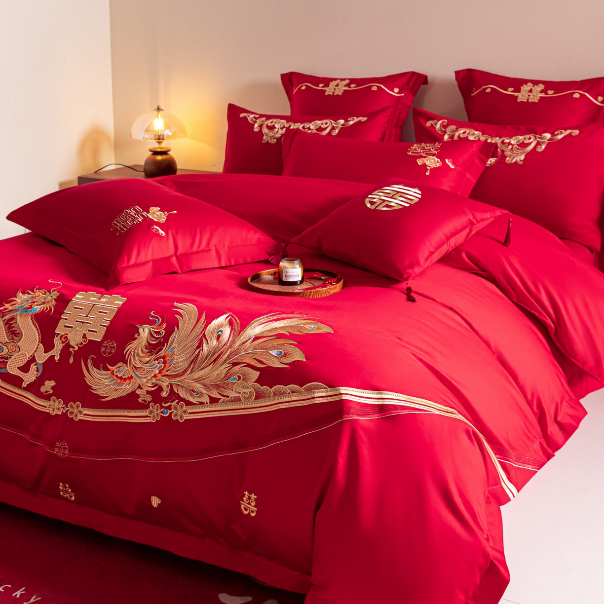 91家纺网 家纺一手货源 找家纺 东方合美（原：皇家传奇） 2026新款纯棉长绒棉刺绣婚庆四件套-龙凤系列 龙凤爱恋