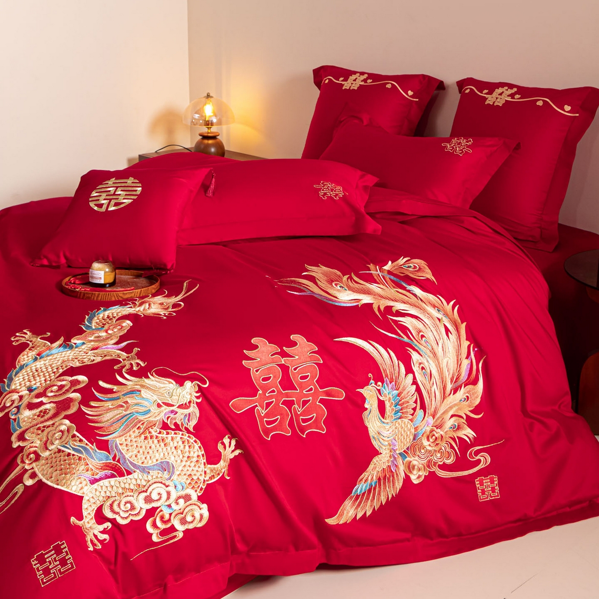 91家纺网 家纺一手货源 找家纺 东方合美（原：皇家传奇） 2026新款纯棉长绒棉刺绣婚庆四件套-龙凤系列 龙凤华贵