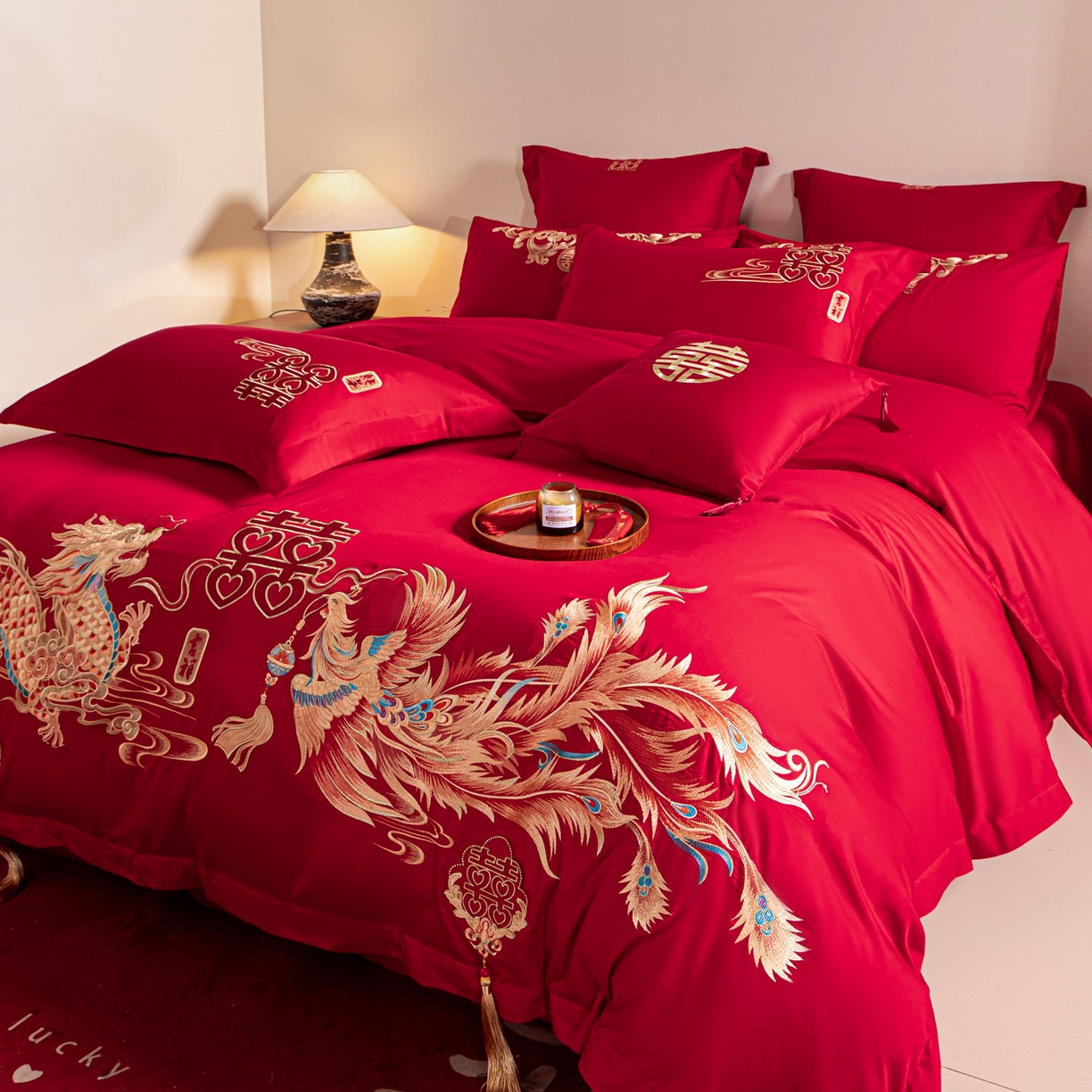 91家纺网 家纺一手货源 找家纺 东方合美（原：皇家传奇） 2026新款纯棉长绒棉刺绣婚庆四件套-龙凤系列 龙凤共舞
