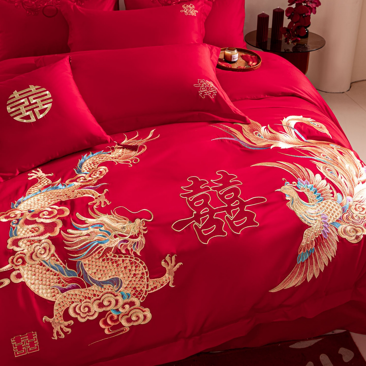 91家纺网 家纺一手货源 找家纺 东方合美（原：皇家传奇） 2026新款纯棉长绒棉刺绣婚庆四件套-龙凤系列 龙凤华贵