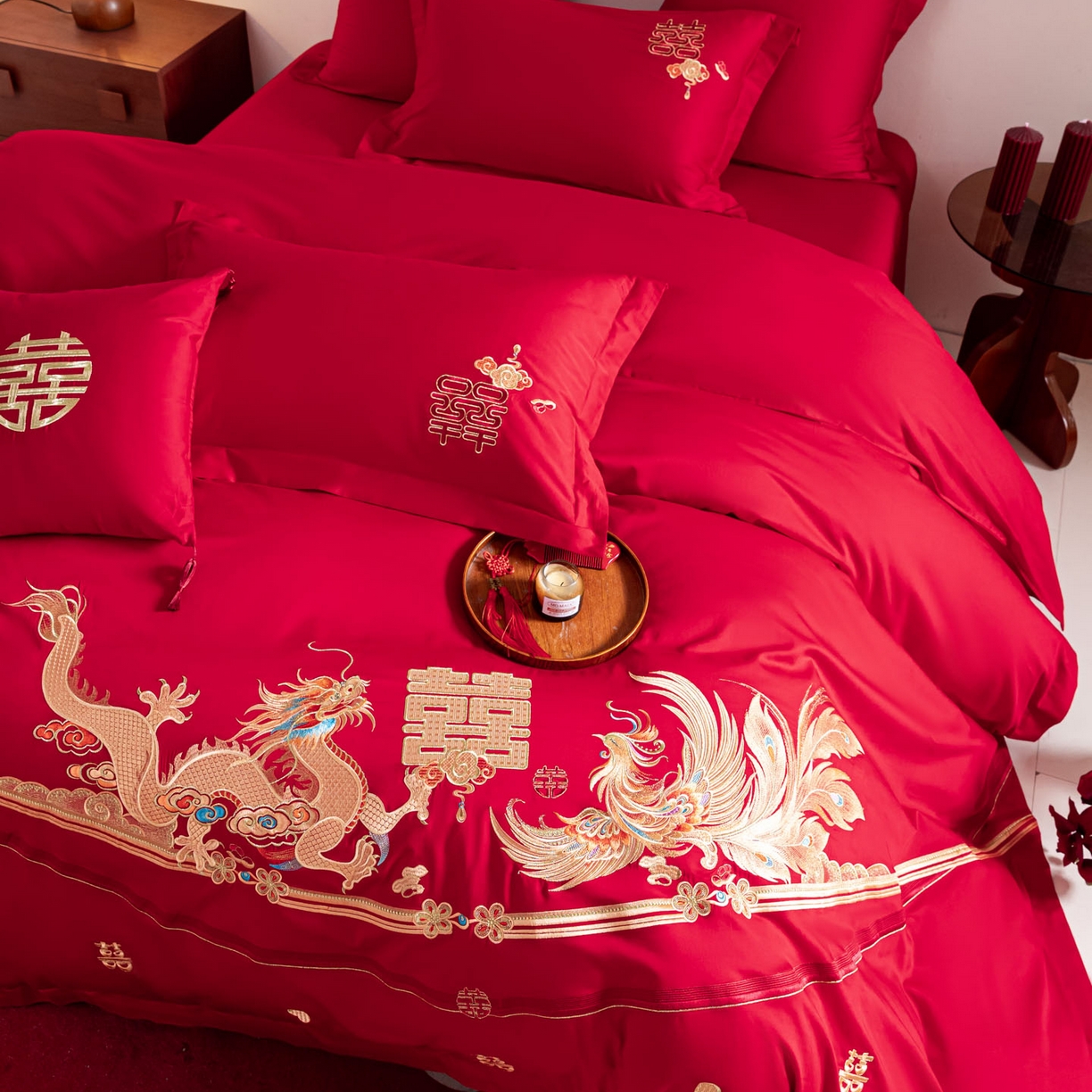 91家纺网 家纺一手货源 找家纺 东方合美（原：皇家传奇） 2026新款纯棉长绒棉刺绣婚庆四件套-龙凤系列 龙凤爱恋