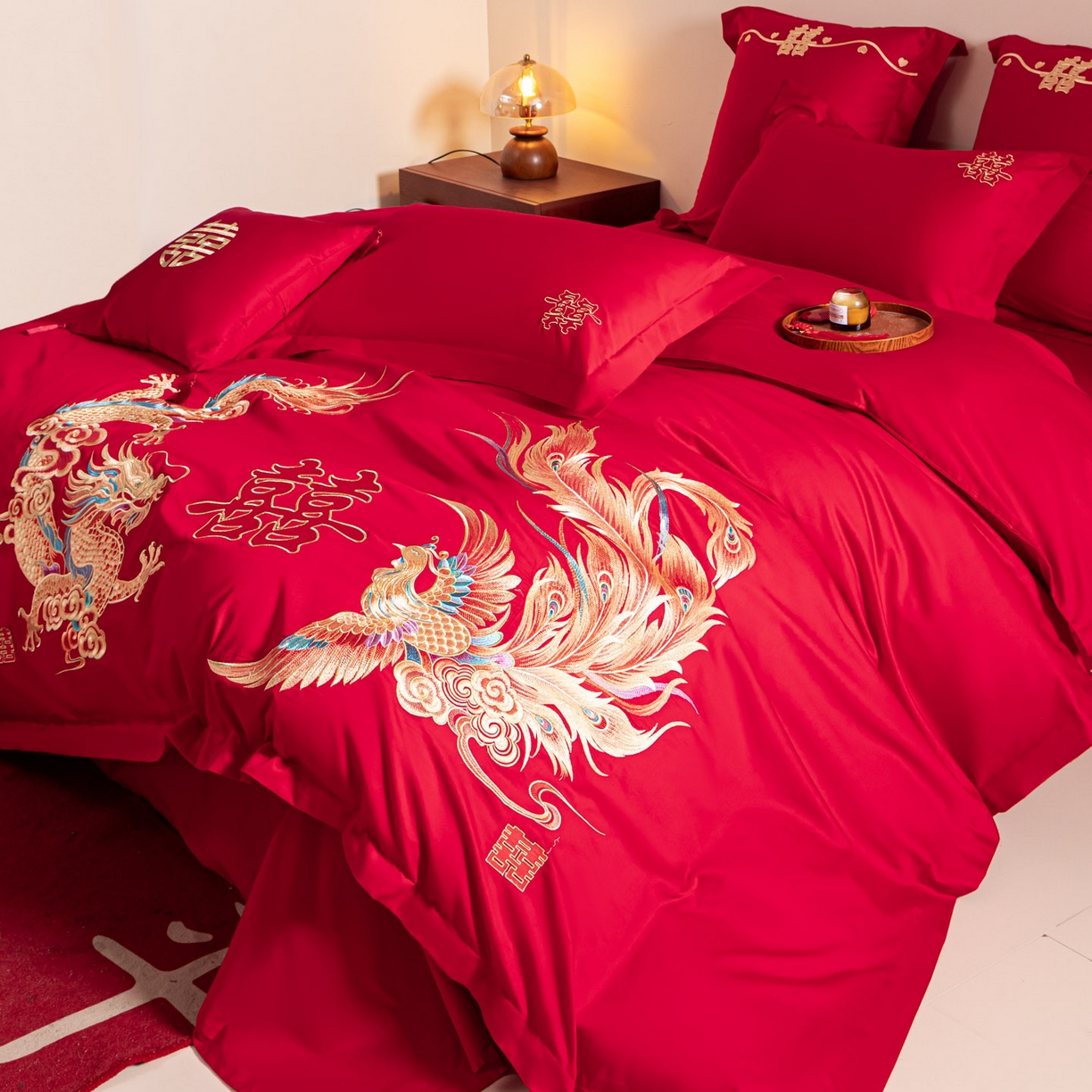 91家纺网 家纺一手货源 找家纺 东方合美（原：皇家传奇） 2026新款纯棉长绒棉刺绣婚庆四件套-龙凤系列 龙凤华贵