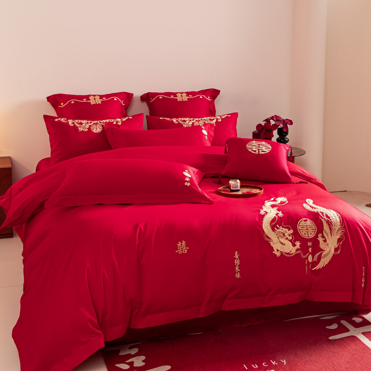 91家纺网 家纺一手货源 找家纺 东方合美（原：皇家传奇） 2026新款纯棉长绒棉刺绣婚庆四件套-龙凤系列 情比金坚