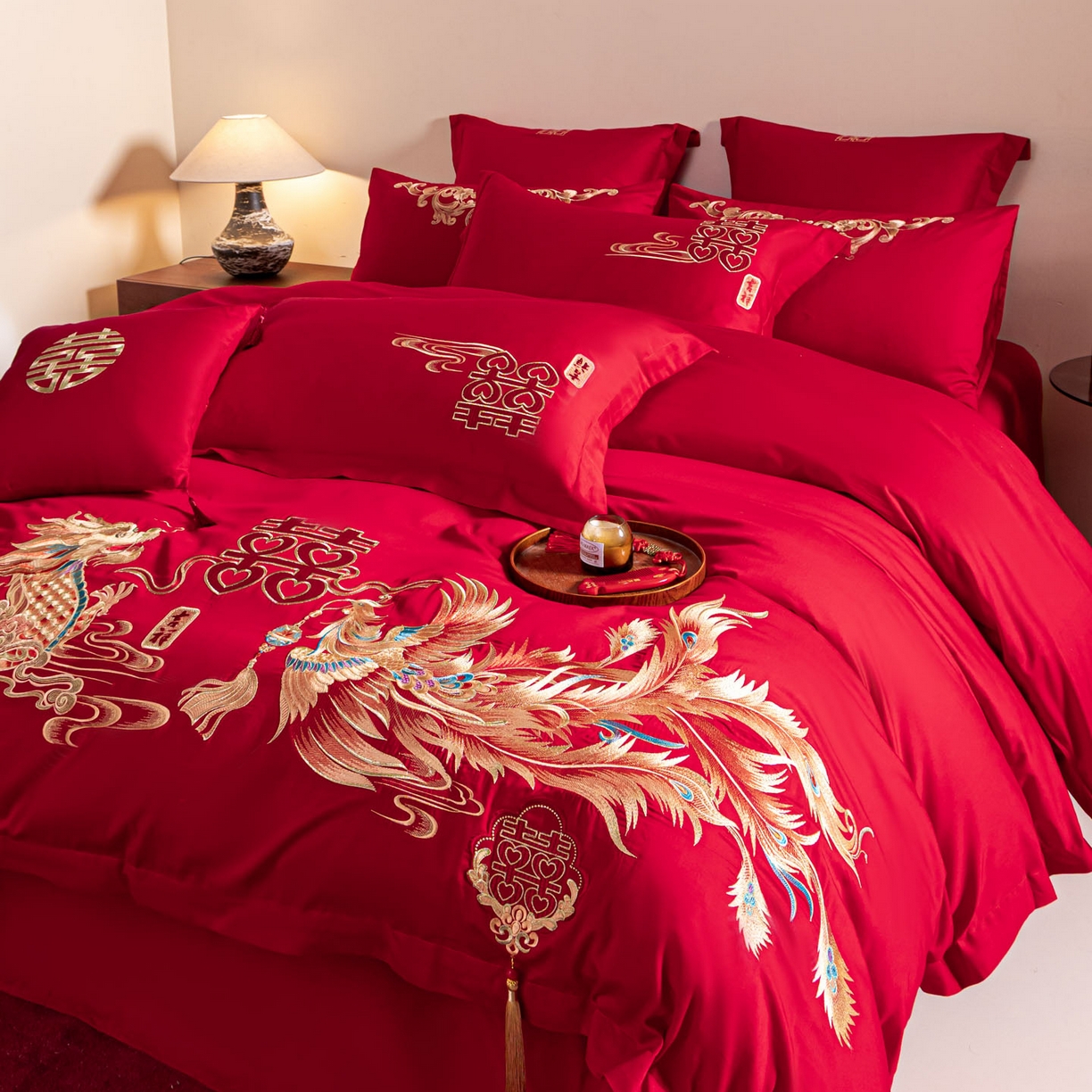 91家纺网 家纺一手货源 找家纺 东方合美（原：皇家传奇） 2026新款纯棉长绒棉刺绣婚庆四件套-龙凤系列 龙凤共舞