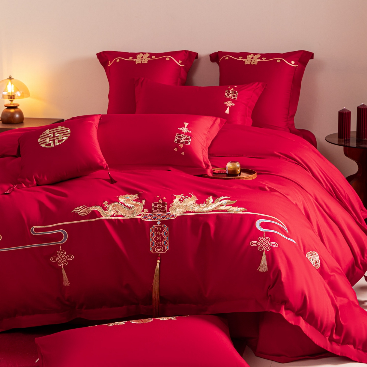 91家纺网 家纺一手货源 找家纺 东方合美（原：皇家传奇） 2026新款纯棉长绒棉刺绣婚庆四件套-龙凤系列 龙凤百合