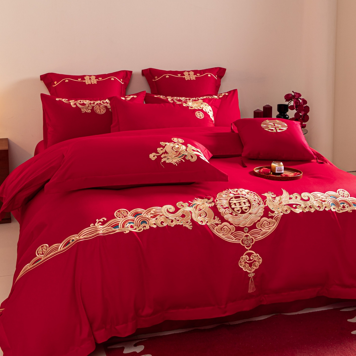 91家纺网 家纺一手货源 找家纺 东方合美（原：皇家传奇） 2026新款纯棉长绒棉刺绣婚庆四件套-龙凤系列 金彩龙凤