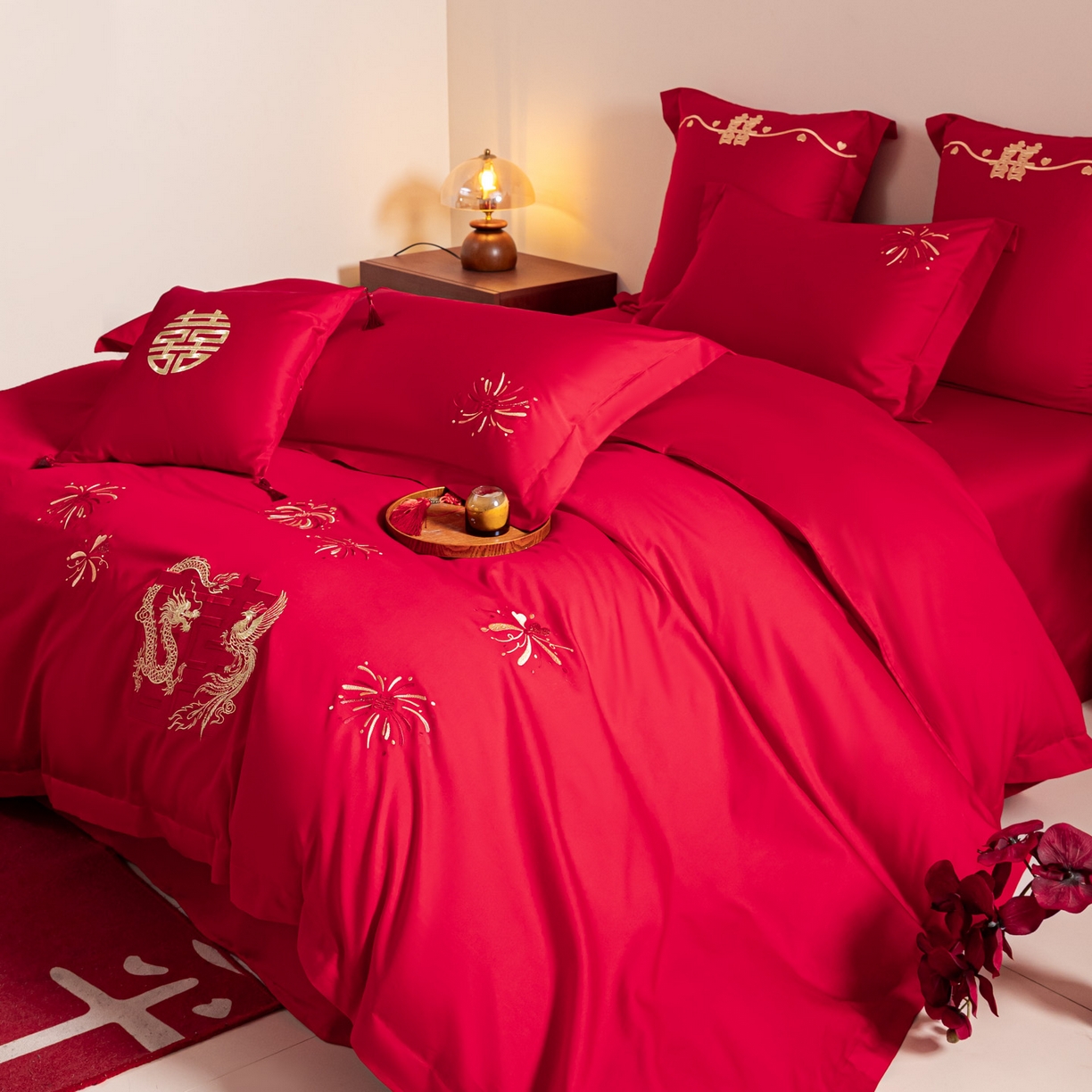 91家纺网 家纺一手货源 找家纺 东方合美（原：皇家传奇） 2026新款纯棉长绒棉刺绣婚庆四件套-龙凤系列 龙凤来喜