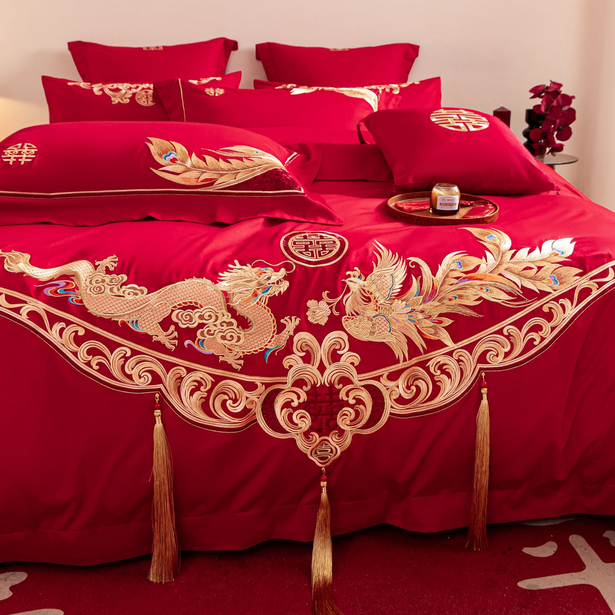 91家纺网 家纺一手货源 找家纺 东方合美（原：皇家传奇） 2026新款纯棉长绒棉刺绣婚庆四件套-龙凤系列 龙凤有囍