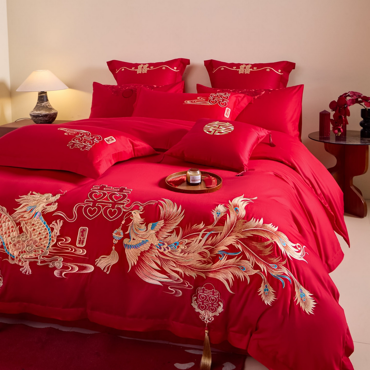 91家纺网 家纺一手货源 找家纺 东方合美（原：皇家传奇） 2026新款纯棉长绒棉刺绣婚庆四件套-龙凤系列 龙凤共舞