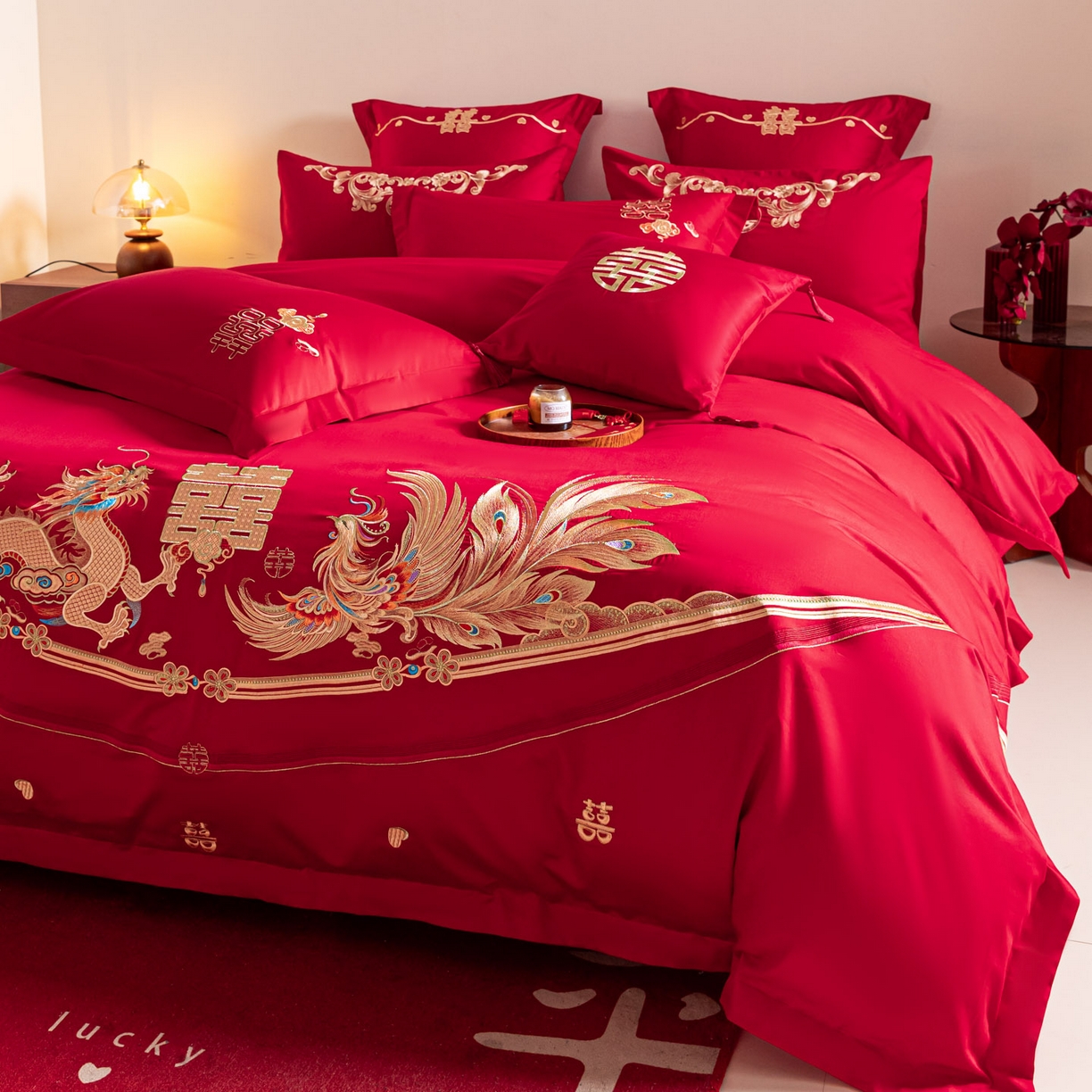 91家纺网 家纺一手货源 找家纺 东方合美（原：皇家传奇） 2026新款纯棉长绒棉刺绣婚庆四件套-龙凤系列 龙凤爱恋