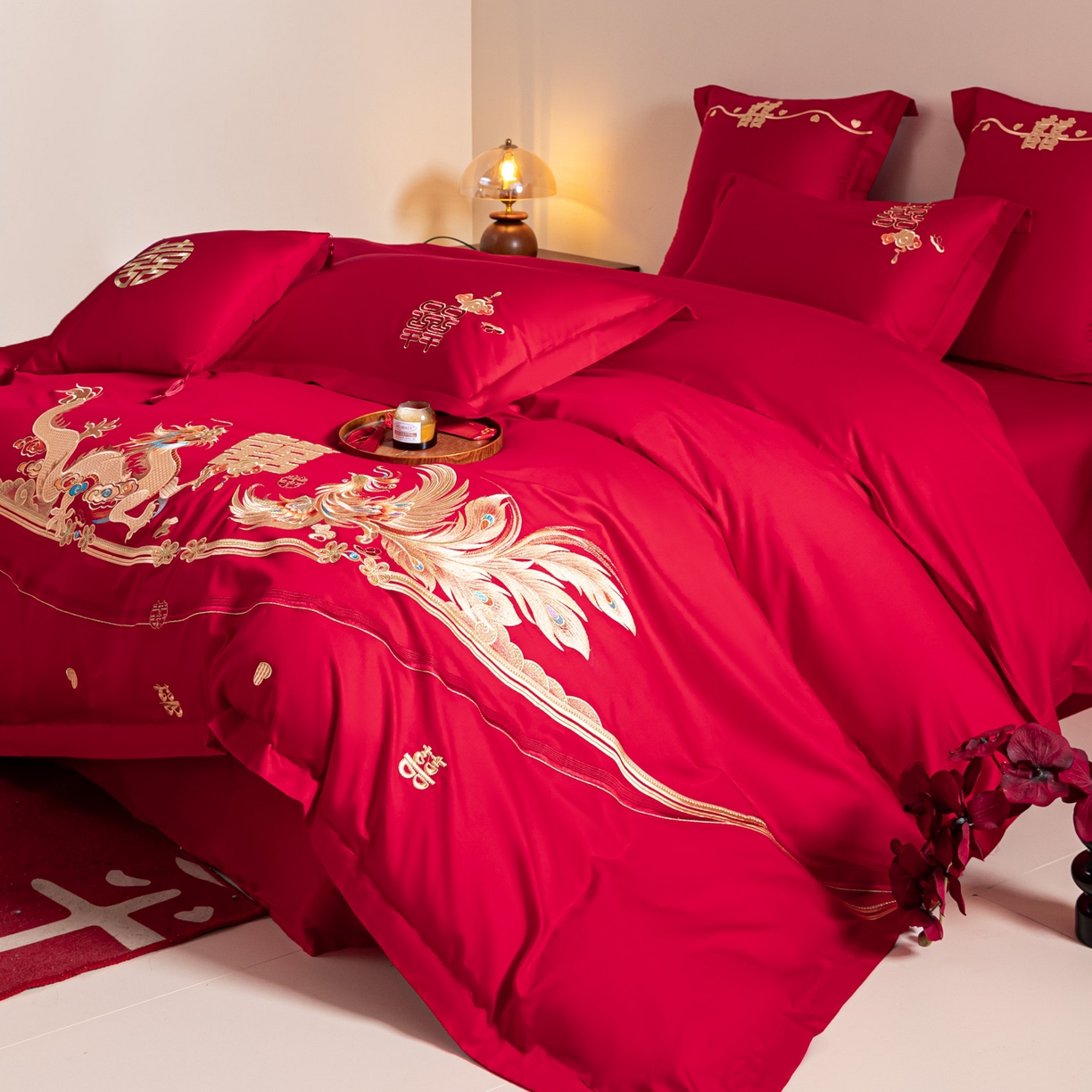 91家纺网 家纺一手货源 找家纺 东方合美（原：皇家传奇） 2026新款纯棉长绒棉刺绣婚庆四件套-龙凤系列 龙凤爱恋