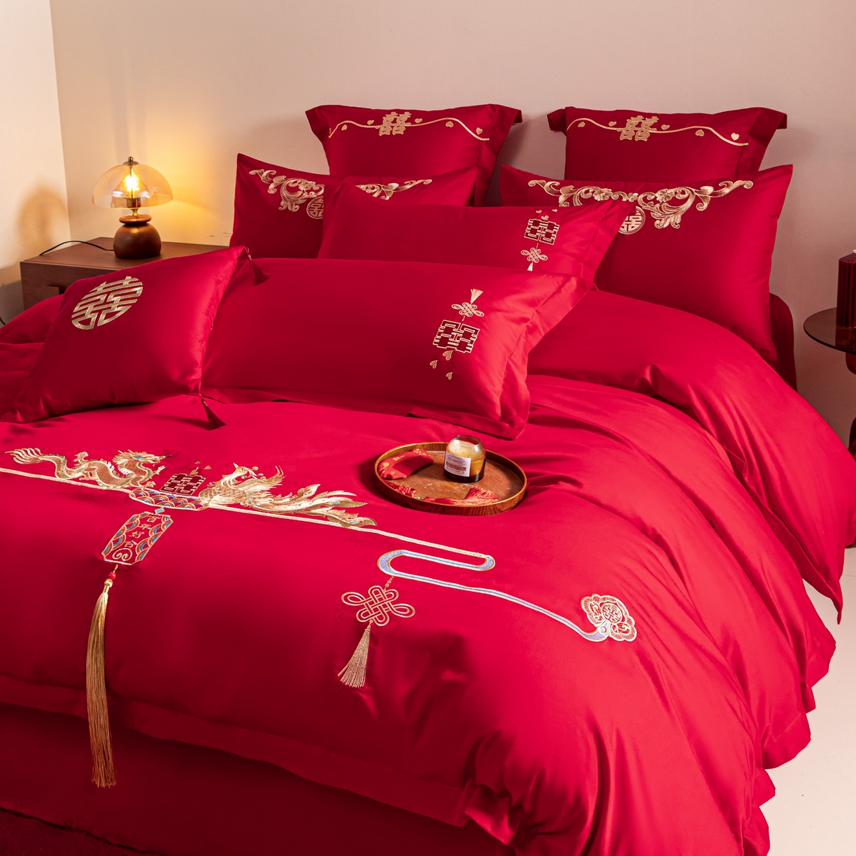 东方合美（原：皇家传奇） 2026新款纯棉长绒棉刺绣婚庆四件套-龙凤系列 龙凤百合